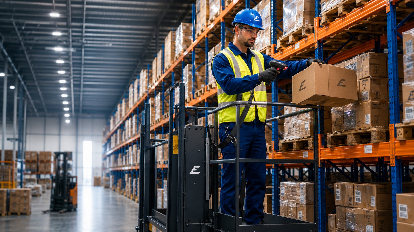 Operario Entregar picando productos en estantería alta del warehouse